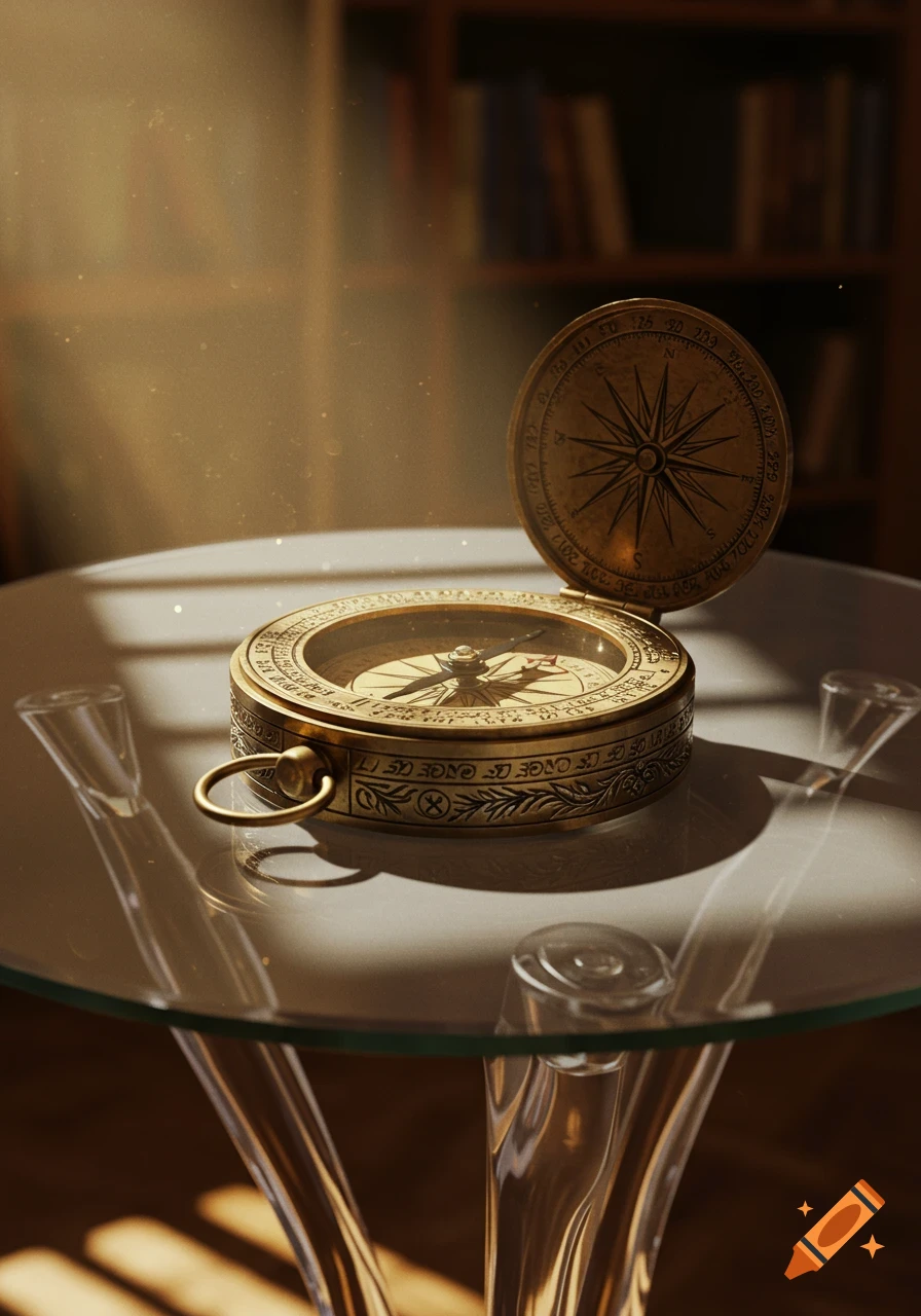 A detailed brass compass with an open lid sits on a reflective glass table, illuminated by a warm light with dust particles. A blurry bookshelf is in the background.