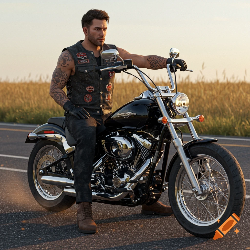 Photorealistic male biker with tattoos in a leather vest sitting on a black motorcycle on a road with a field in the background at sunset.