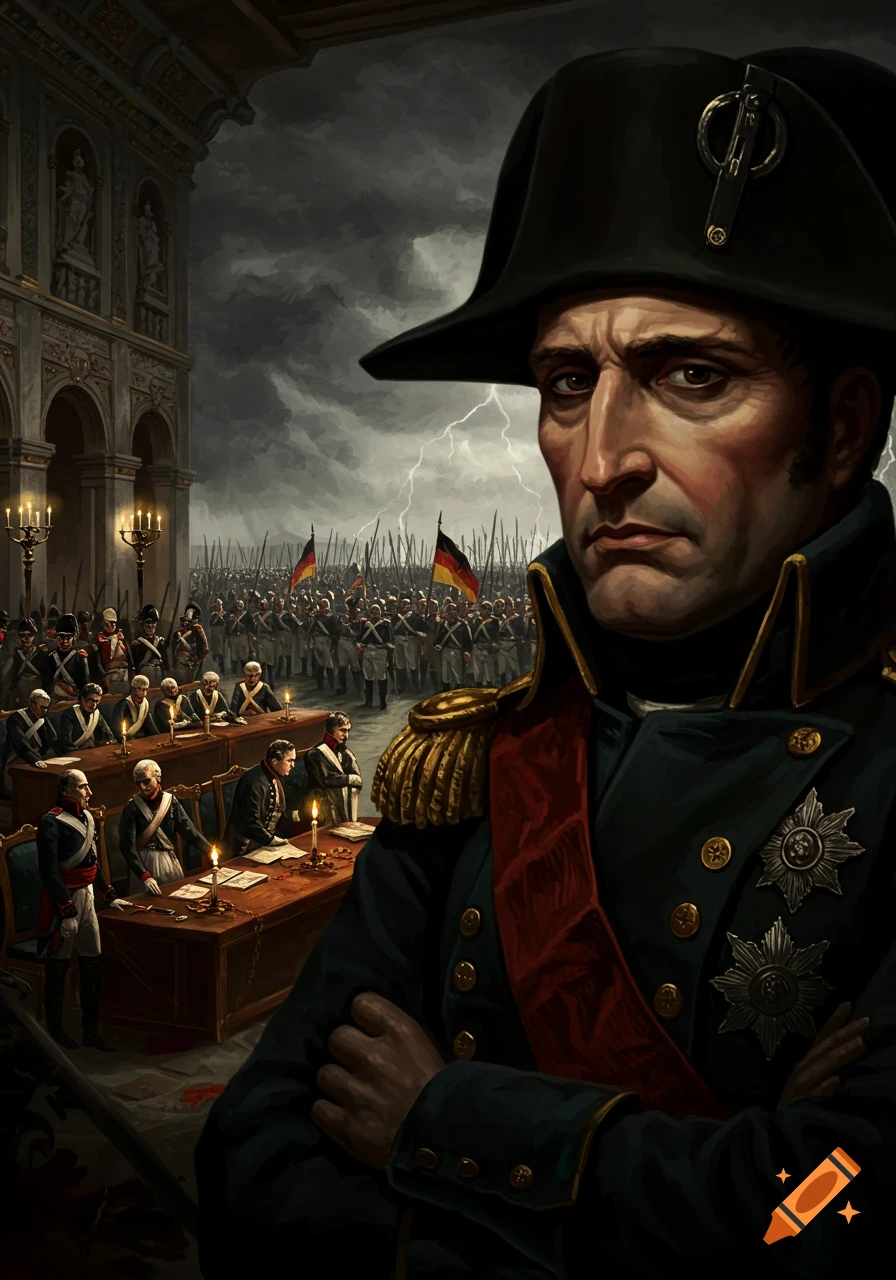 A stern Napoleon Bonaparte stands in the foreground, his arms crossed, with a stormy sky and lightning behind him. In the background, soldiers with German flags are lined up, and inside a grand building, men are seated at a long table.
