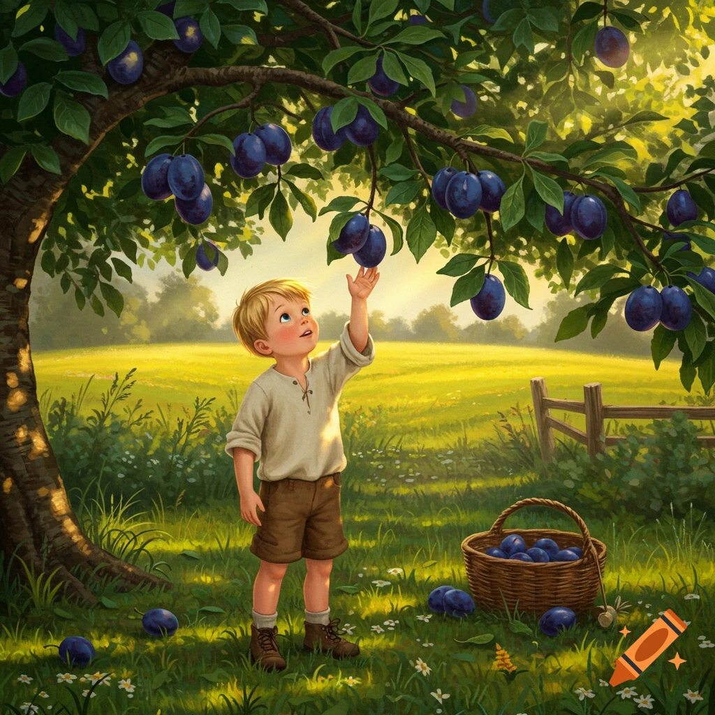 A young boy in a field reaches up to pick dark purple plums from a lush green tree under a sunny sky, with a basket of plums on the grass.