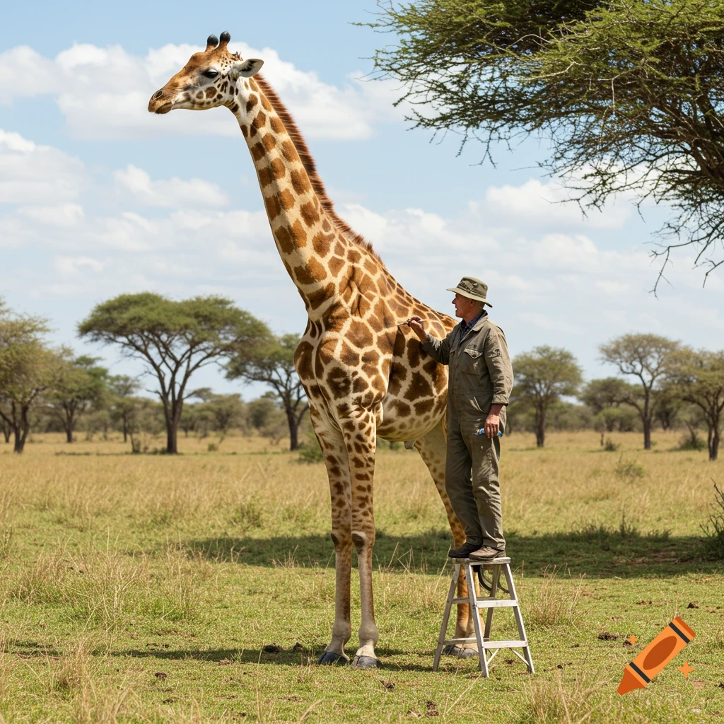 An old man stands on a stepladder, touching the side of a tall giraffe in a sunny savanna.
