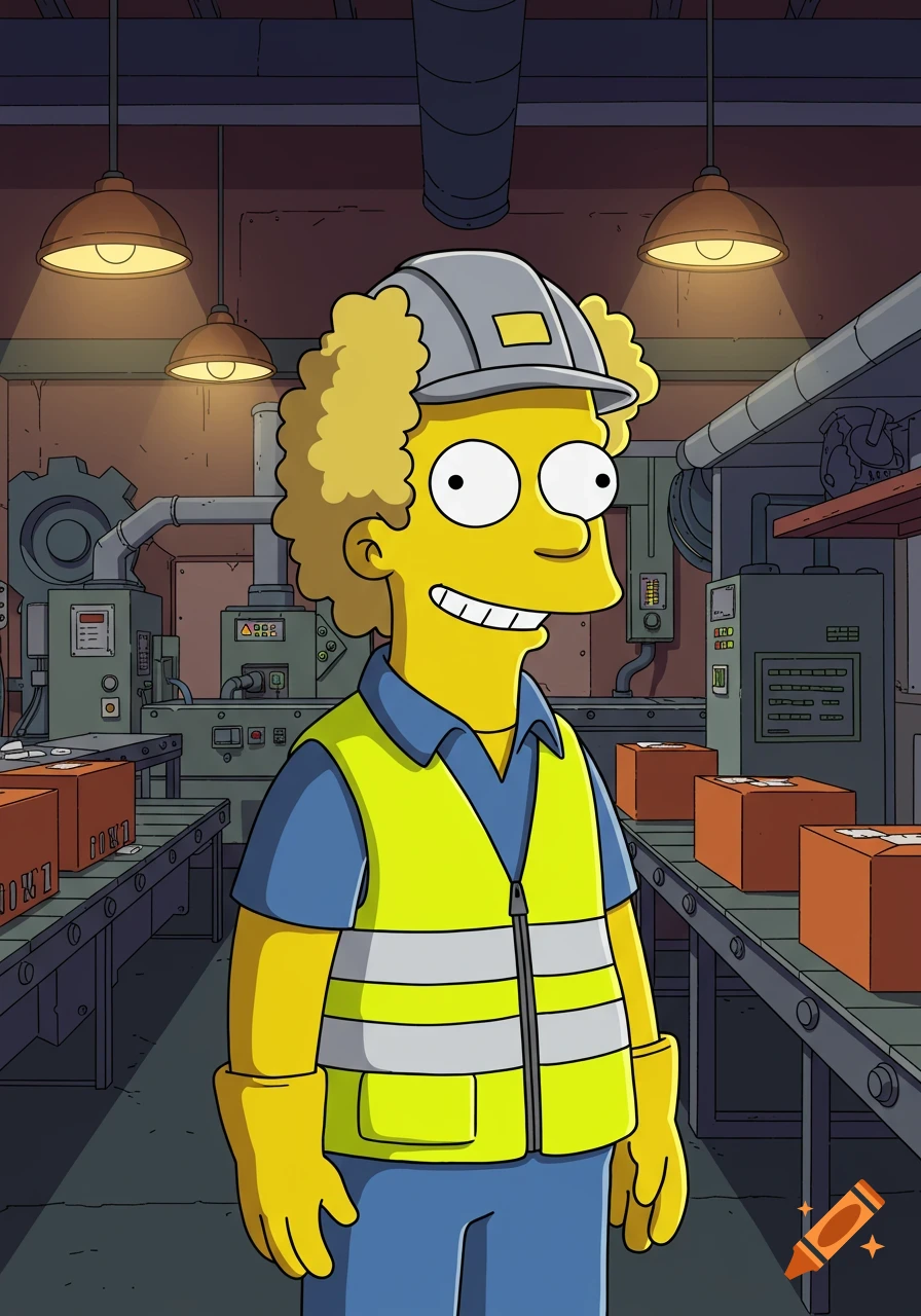 A Simpsons-style worker with curly blonde hair and a yellow hi-vis vest stands in a factory with conveyor belts and machinery.