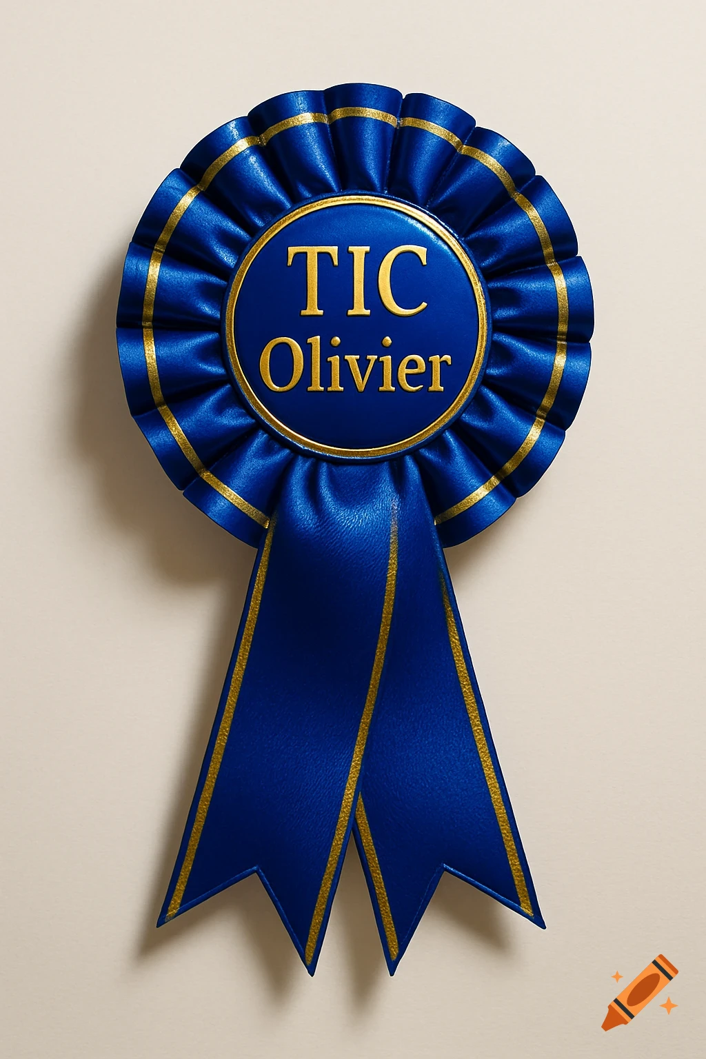 A detailed photo of a blue rosette award ribbon with gold trim, featuring "TIC Olivier" in gold on its center.