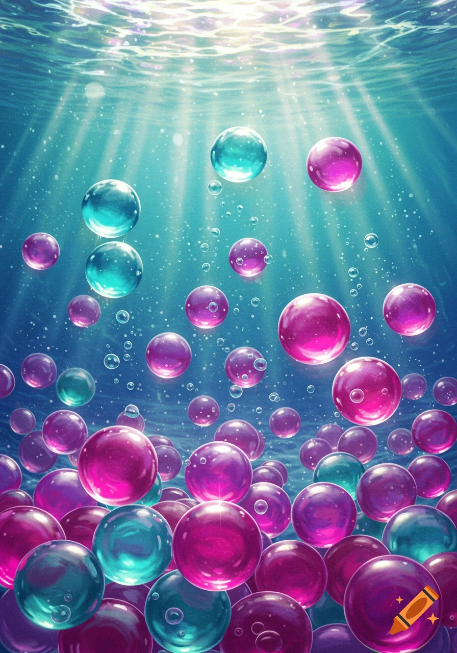Glossy pink and teal spheres float underwater in a clear blue sea with sun rays shining from above.