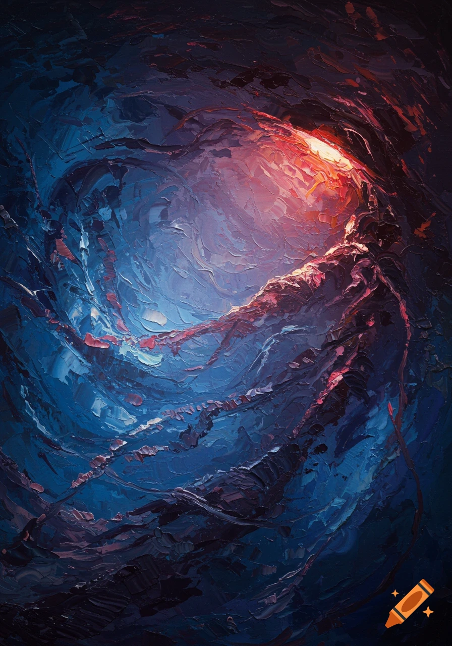 Abstract expressionistic oil painting featuring swirling deep blues, purples, and dark tones illuminated by a bright red-orange light.
