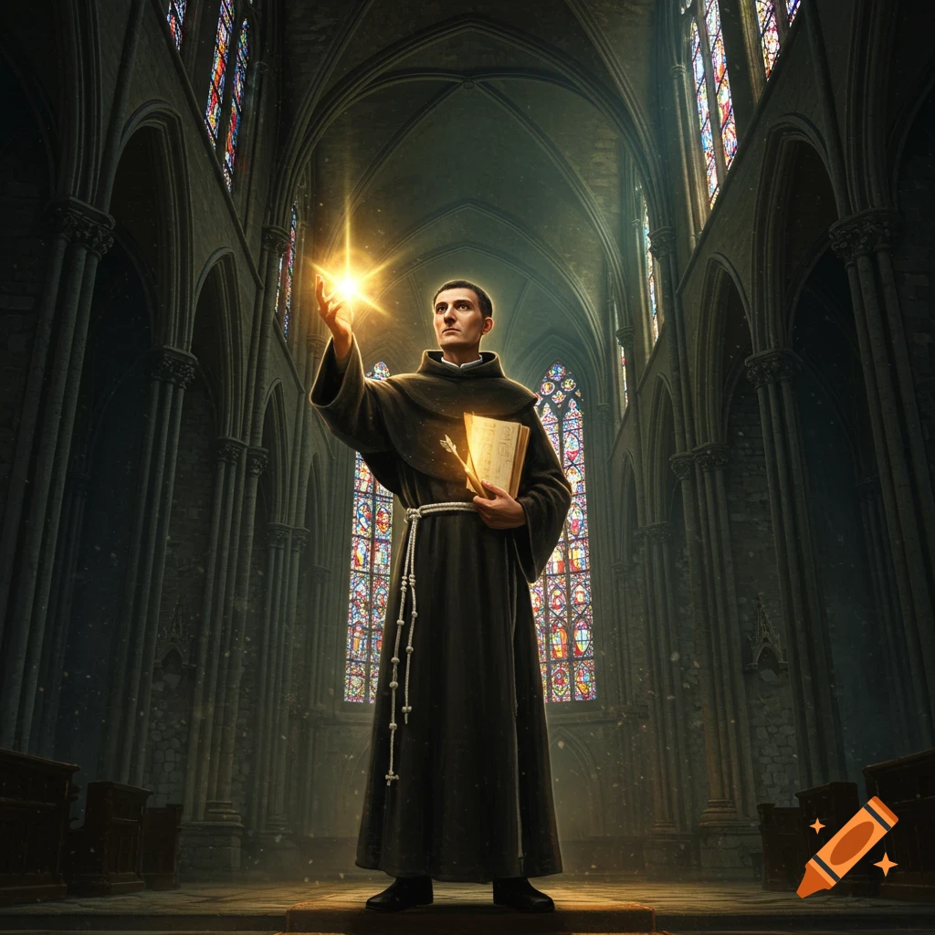 A monk in a Gothic cathedral holds a glowing light and a book, looking reverently.