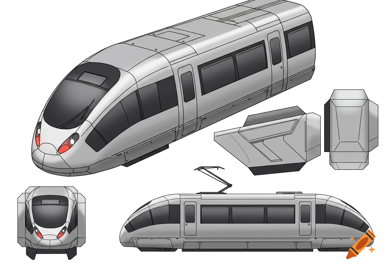 Technical drawing of a sleek silver tram, shown from isometric, front, and side views, with flattened components for a paper model.