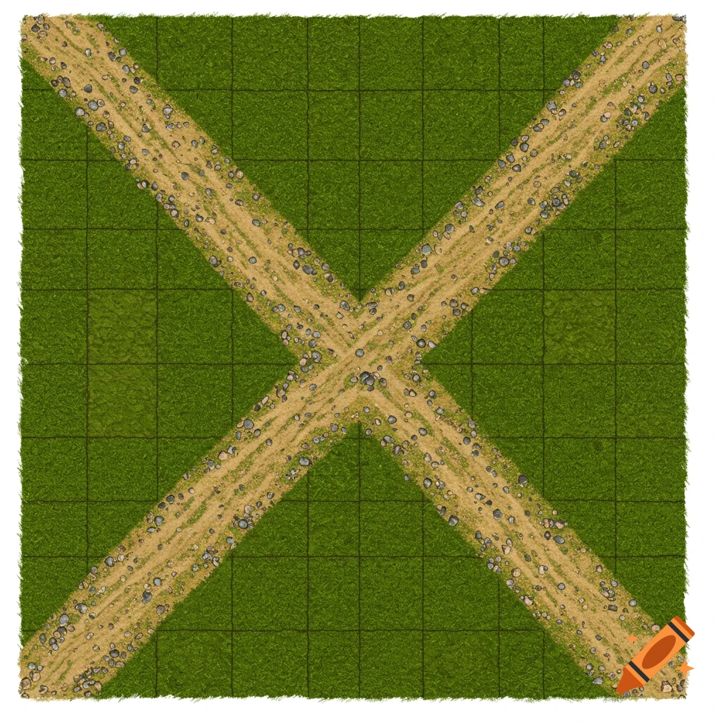 Top-down view of a square grid with green grass tiles and two gravel roads intersecting diagonally in an X shape.