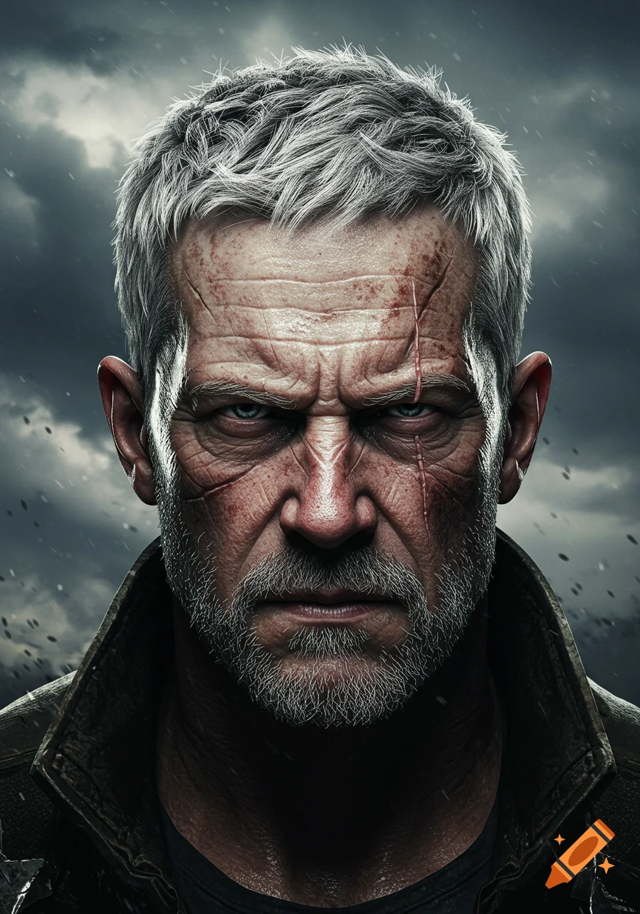 Close-up portrait of a grizzled man with white hair, beard, and facial scars, wearing a dark jacket under a stormy sky.