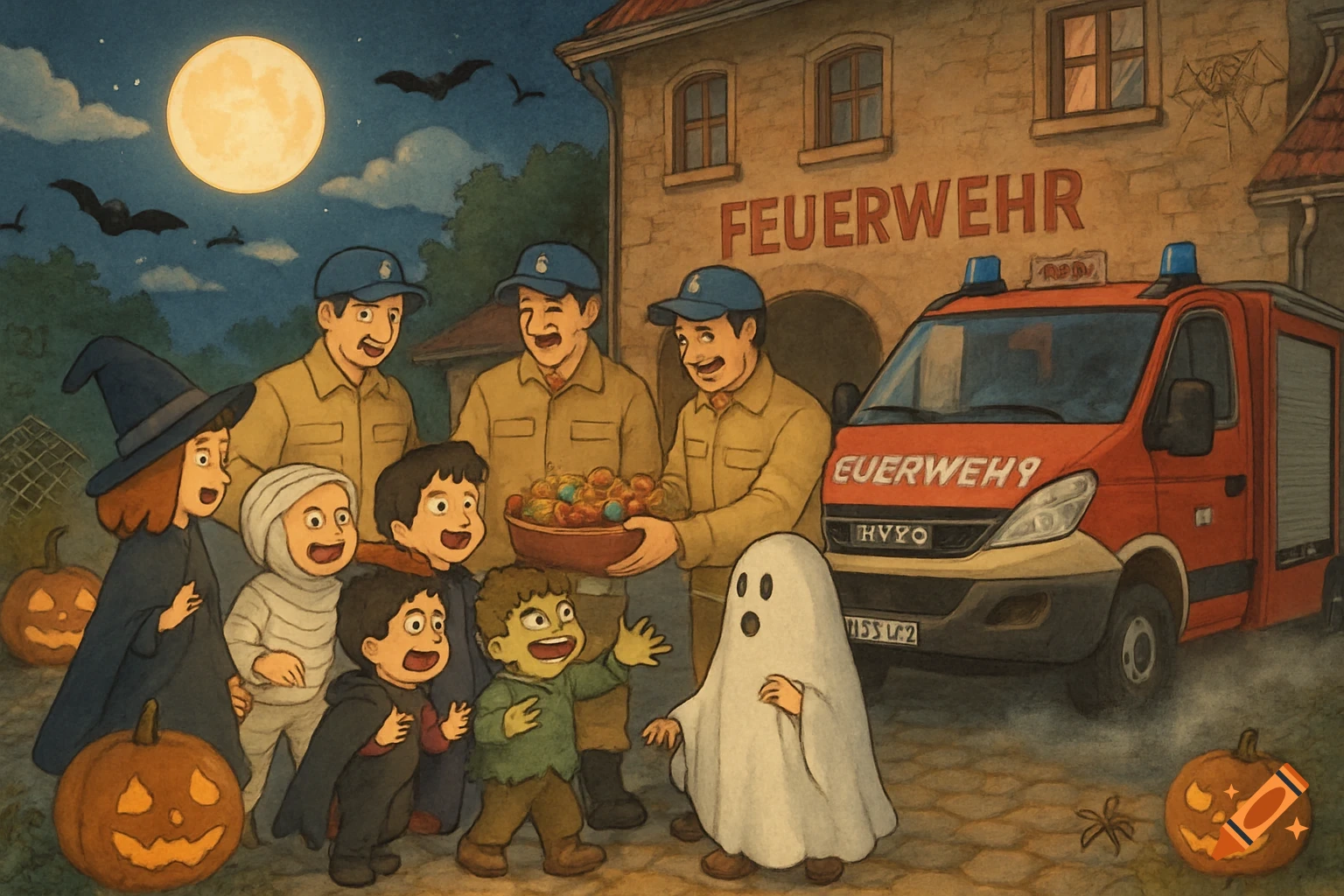 Children in Halloween costumes trick-or-treating with firemen outside a fire station at night, with pumpkins and bats in a comic style.
