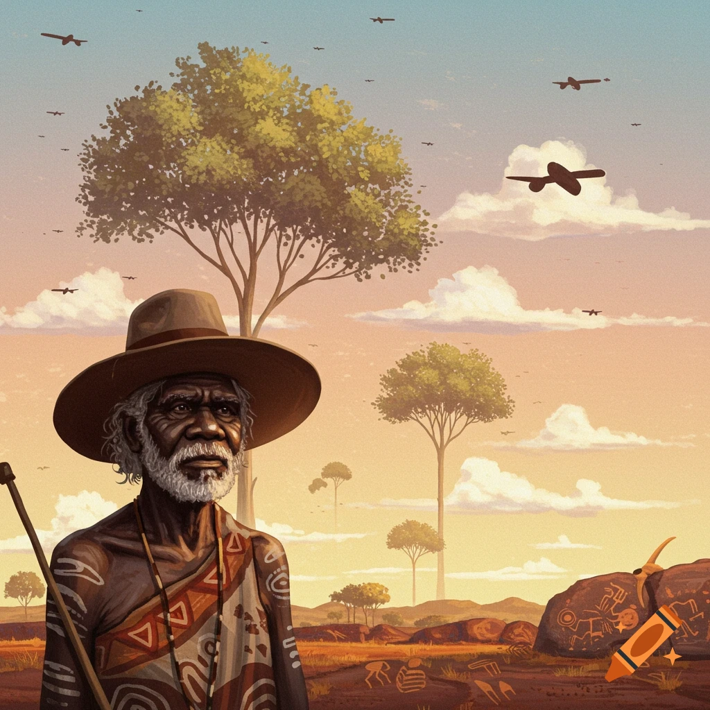 An elderly Indigenous man with a staff stands in a surreal desert landscape with ancient rock art, trees, and airplanes in the sky, in an illustrative style.