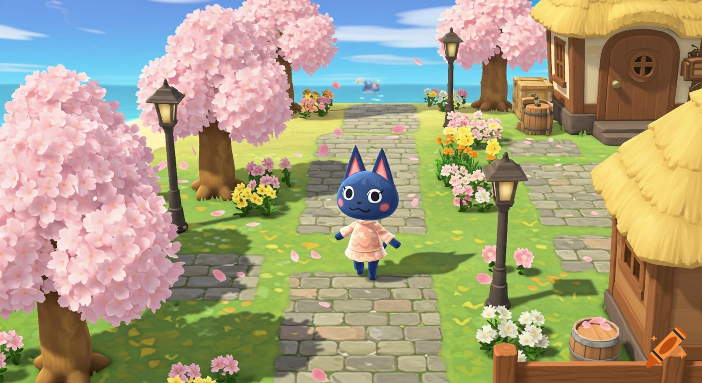 A cat villager from Animal Crossing: New Horizons walks on a stone path under cherry blossom trees next to a thatched-roof house, with the ocean in the background.