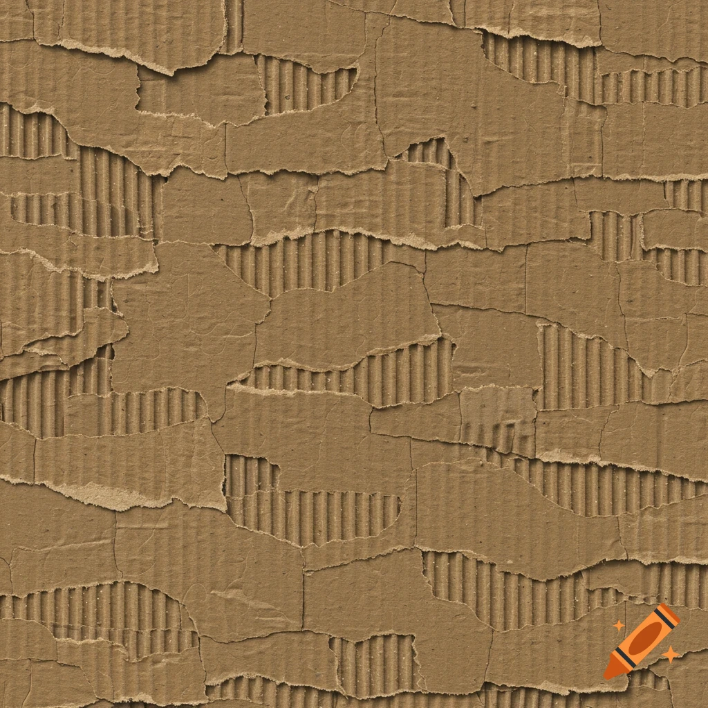 A photorealistic seamless texture of torn brown cardboard, revealing corrugated layers.
