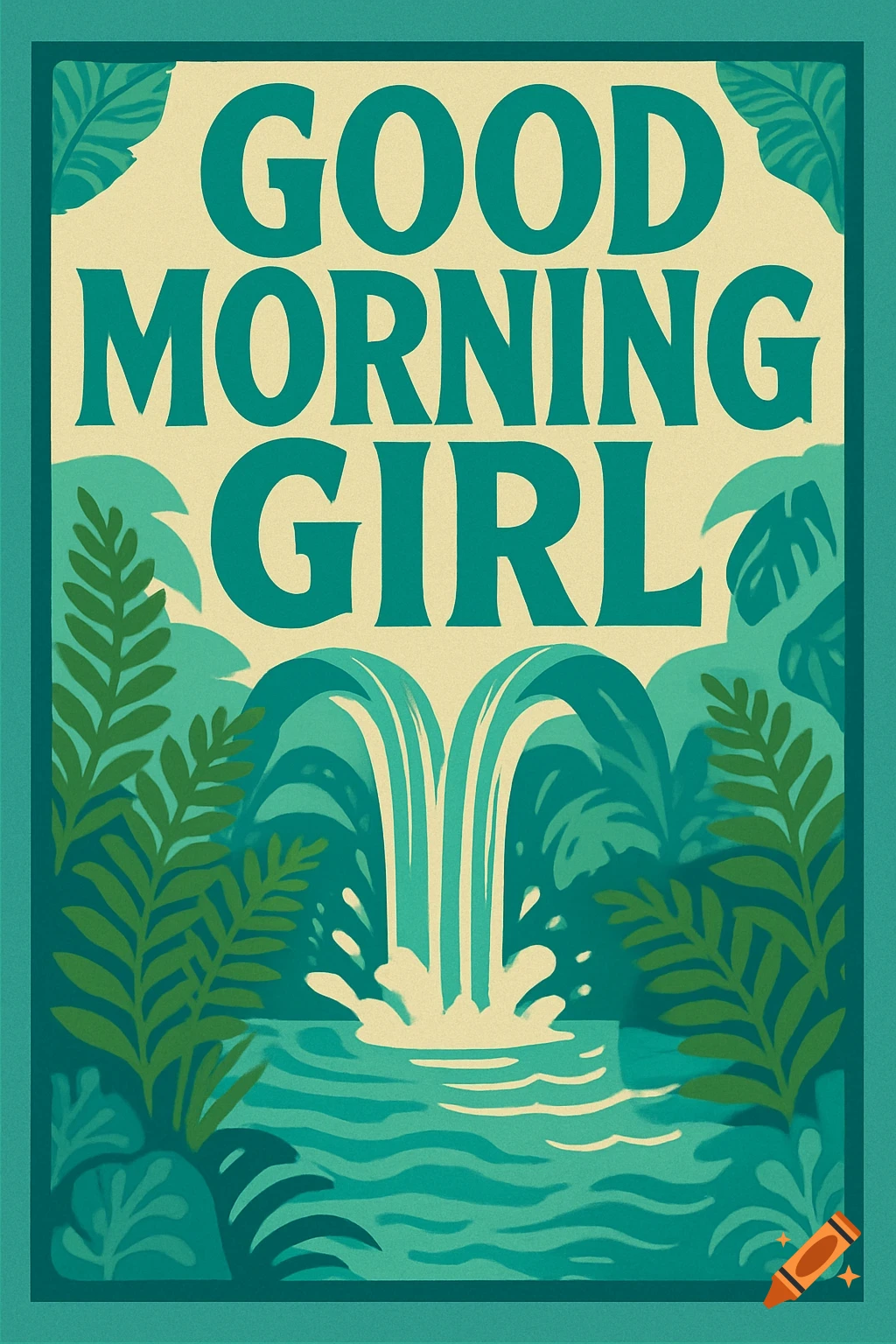 A vibrant 2D graphic poster with 'GOOD MORNING GIRL' text, depicting a turquoise waterfall and green tropical foliage.