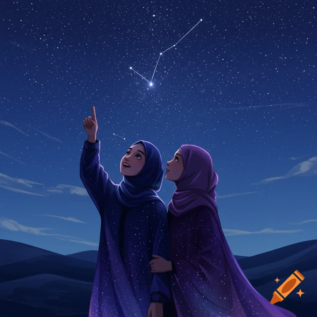 Two women in hijabs, dressed in star-speckled robes, gaze up at a constellation in the night sky. One points.