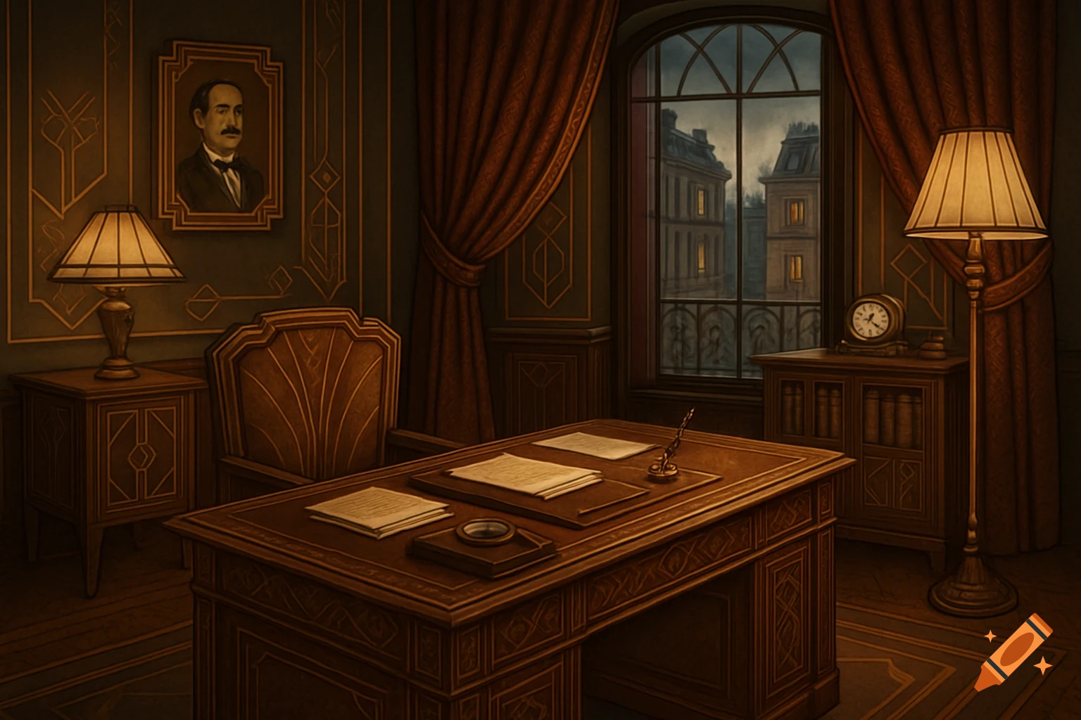 A vintage Art Deco study with a large wooden desk, ornate chair, lamps, and a portrait, bathed in soft light from a window overlooking old buildings.