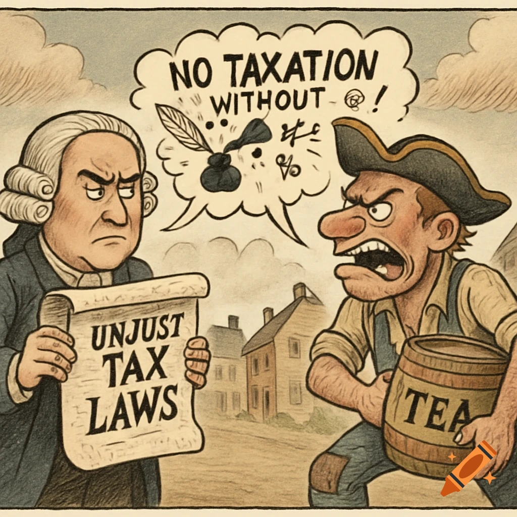 A cartoon meme depicts an angry colonist holding a 'TEA' barrel, shouting 'NO TAXATION WITHOUT-@!' at a stern British official holding a scroll reading 'UNJUST TAX LAWS'.