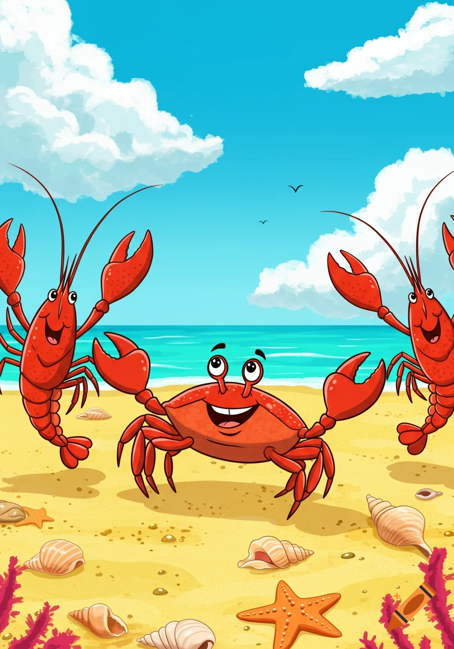 A happy cartoon crab and two lobsters on a sunny sandy beach with shells, starfish, and seaweed, by the ocean under a blue sky.