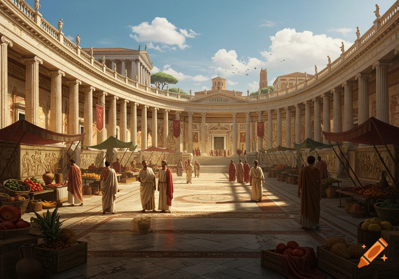A photorealistic ancient Roman marketplace in a grand forum, with people in togas, market stalls, and classical architecture under a blue sky.