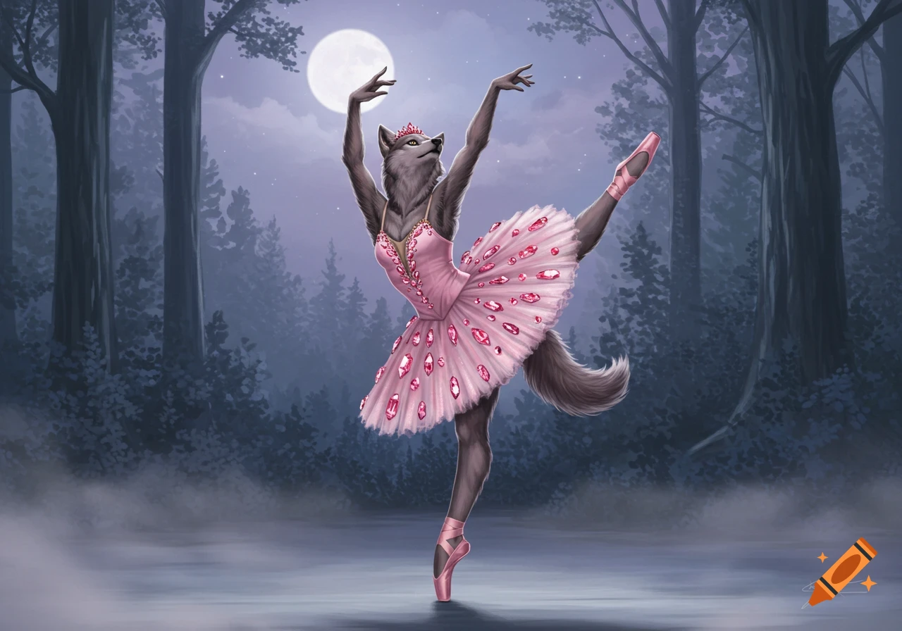 A female werewolf in a pink, gem-studded ballerina tutu dances on pointe under a full moon in a mystical forest.
