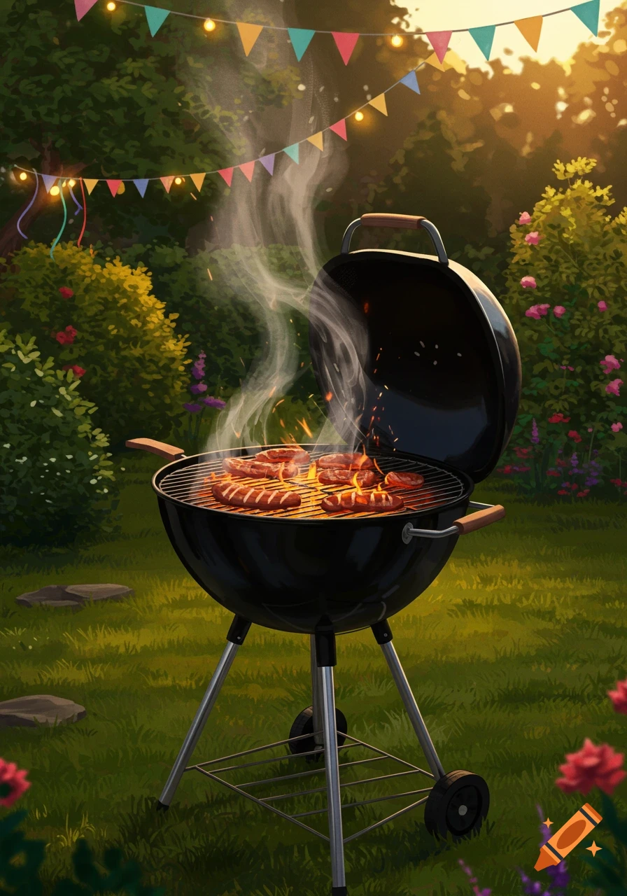An illustrated black barbecue grill with smoking sausages in a lush garden adorned with colorful pennants and string lights at sunset.