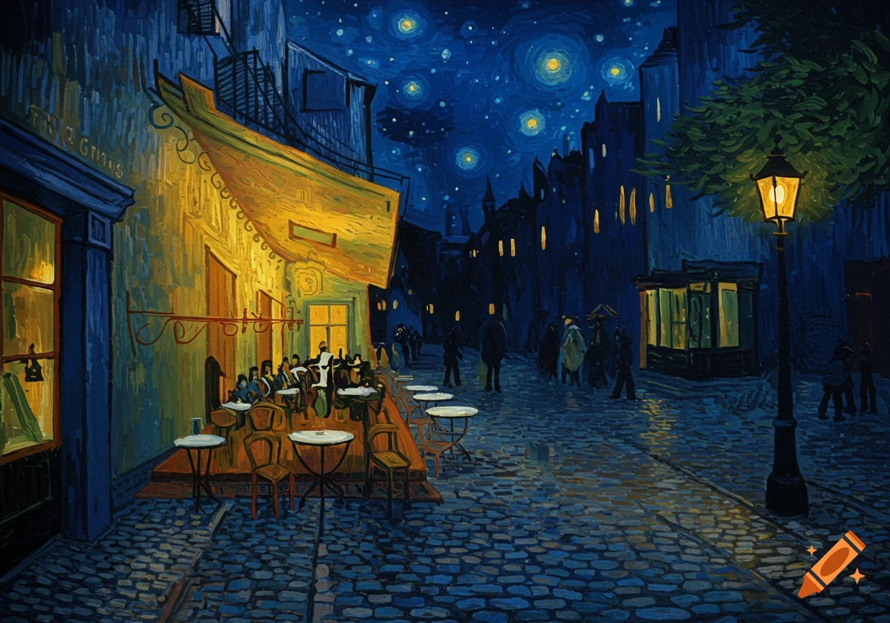 A vibrant Van Gogh style painting of a cafe terrace at night under a star-filled sky, with patrons seated outside and people walking on a cobblestone street.