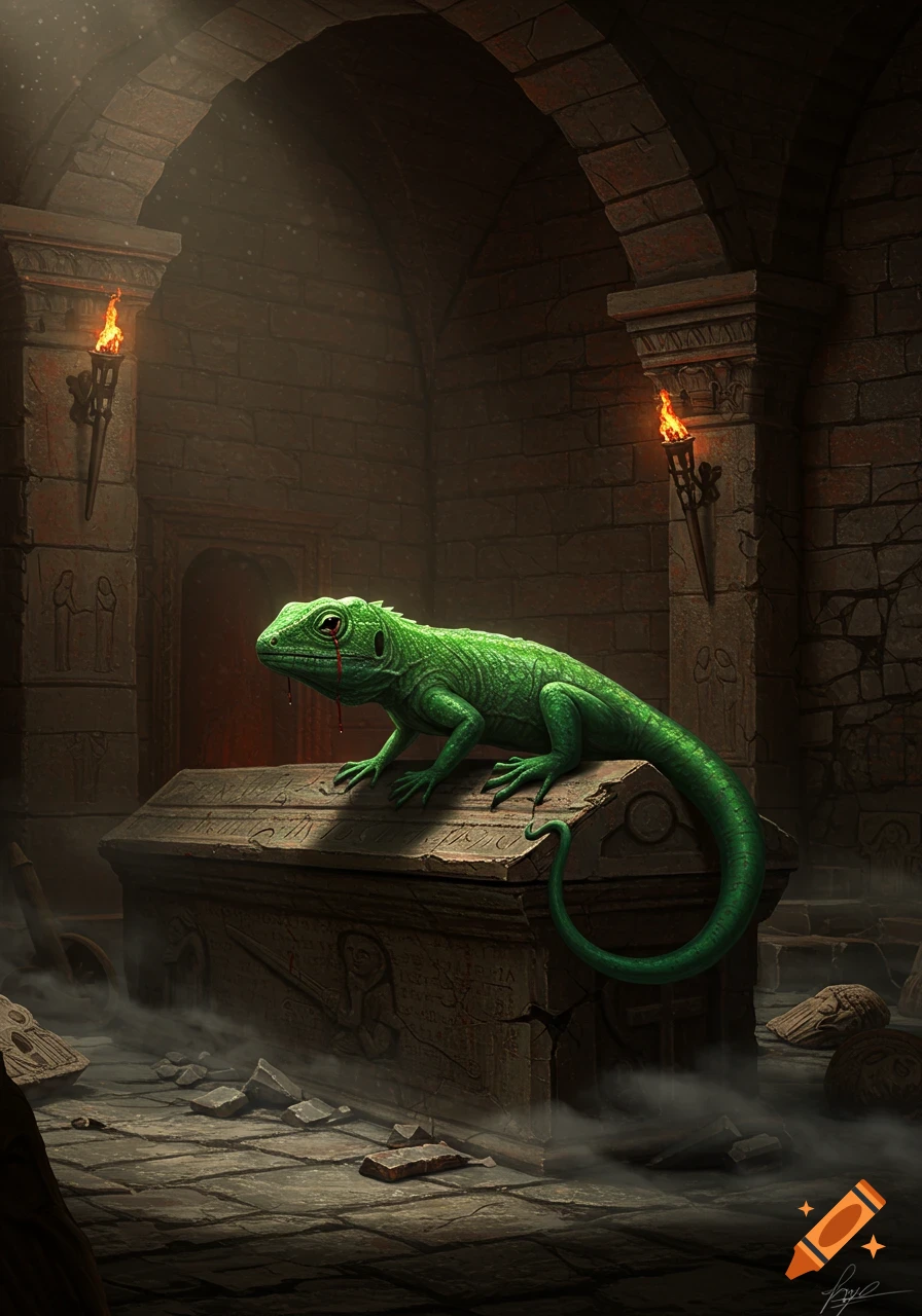 A vibrant green lizard with blood weeping from its eye sits on an ornate stone sarcophagus in a dark, torchlit catacomb, fantasy art.