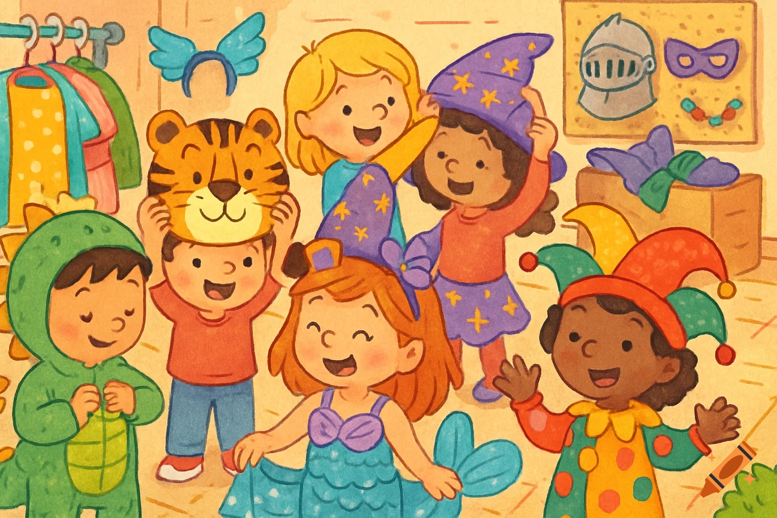 A group of happy diverse children playing dress-up in various costumes like a dinosaur, tiger, mermaid, wizard, and jester, in a cartoon style.