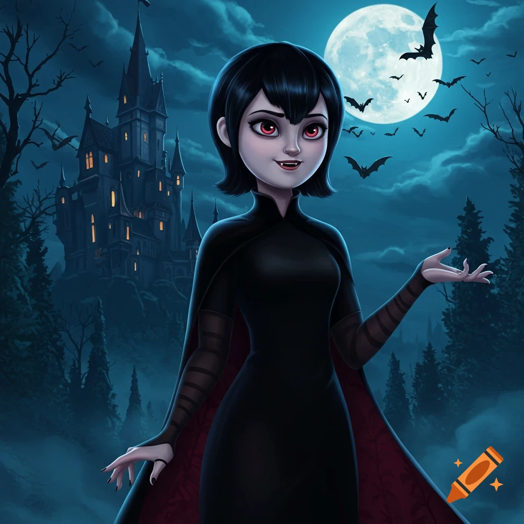 Mavis Dracula, a cartoon vampire, stands in front of a spooky castle under a full moon with bats flying.