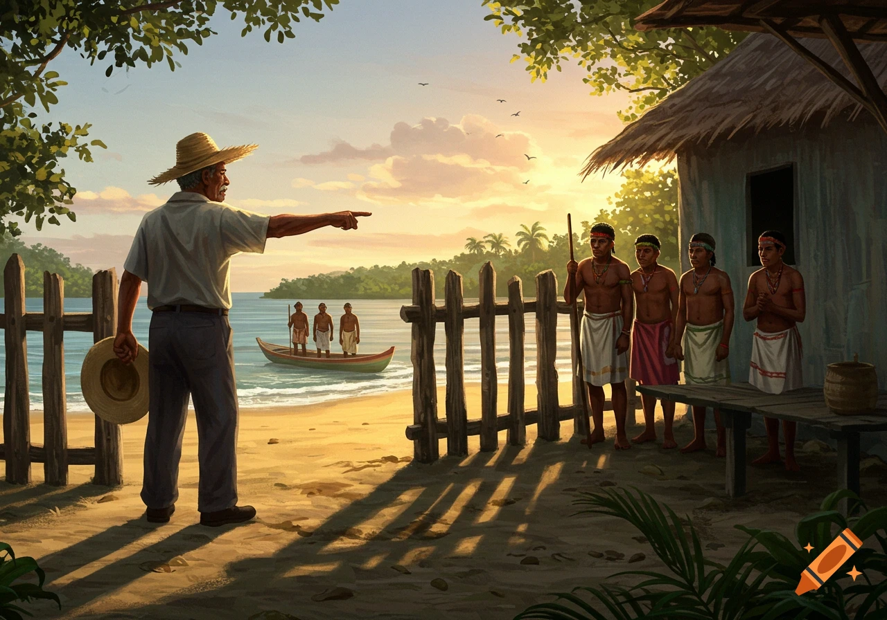 An older man in a straw hat points towards indigenous people on a boat and beach at a tropical bay during sunrise.