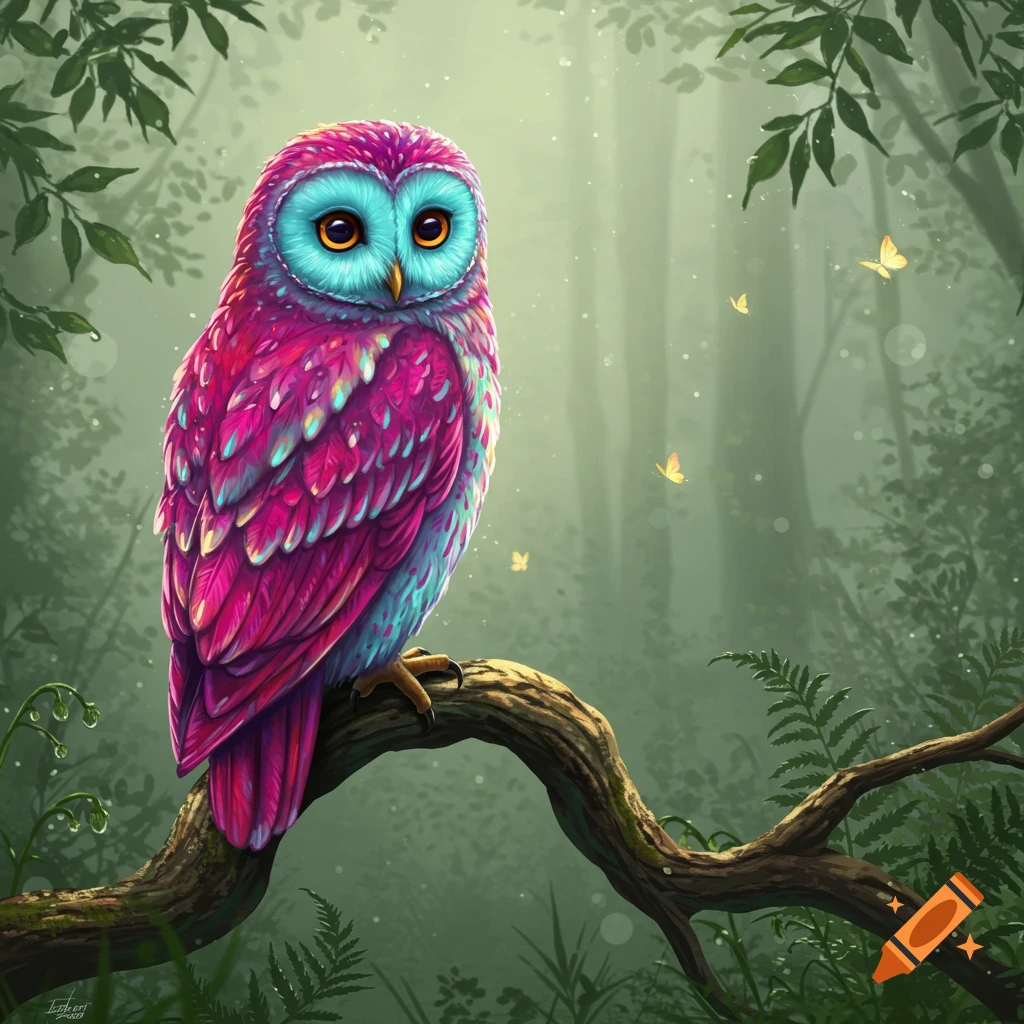 A vibrant pink and blue owl with bright yellow eyes perches on a branch in a misty green forest with small butterflies.