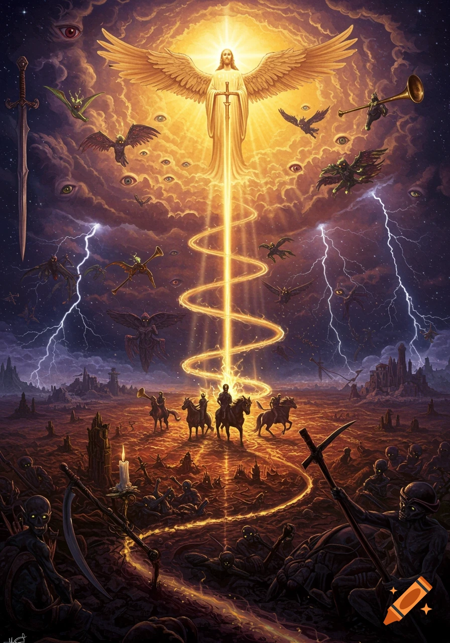 A dramatic dark fantasy artwork depicting an apocalyptic scene with a descending angel, horsemen, and skeletal figures under stormy, eye-filled skies.