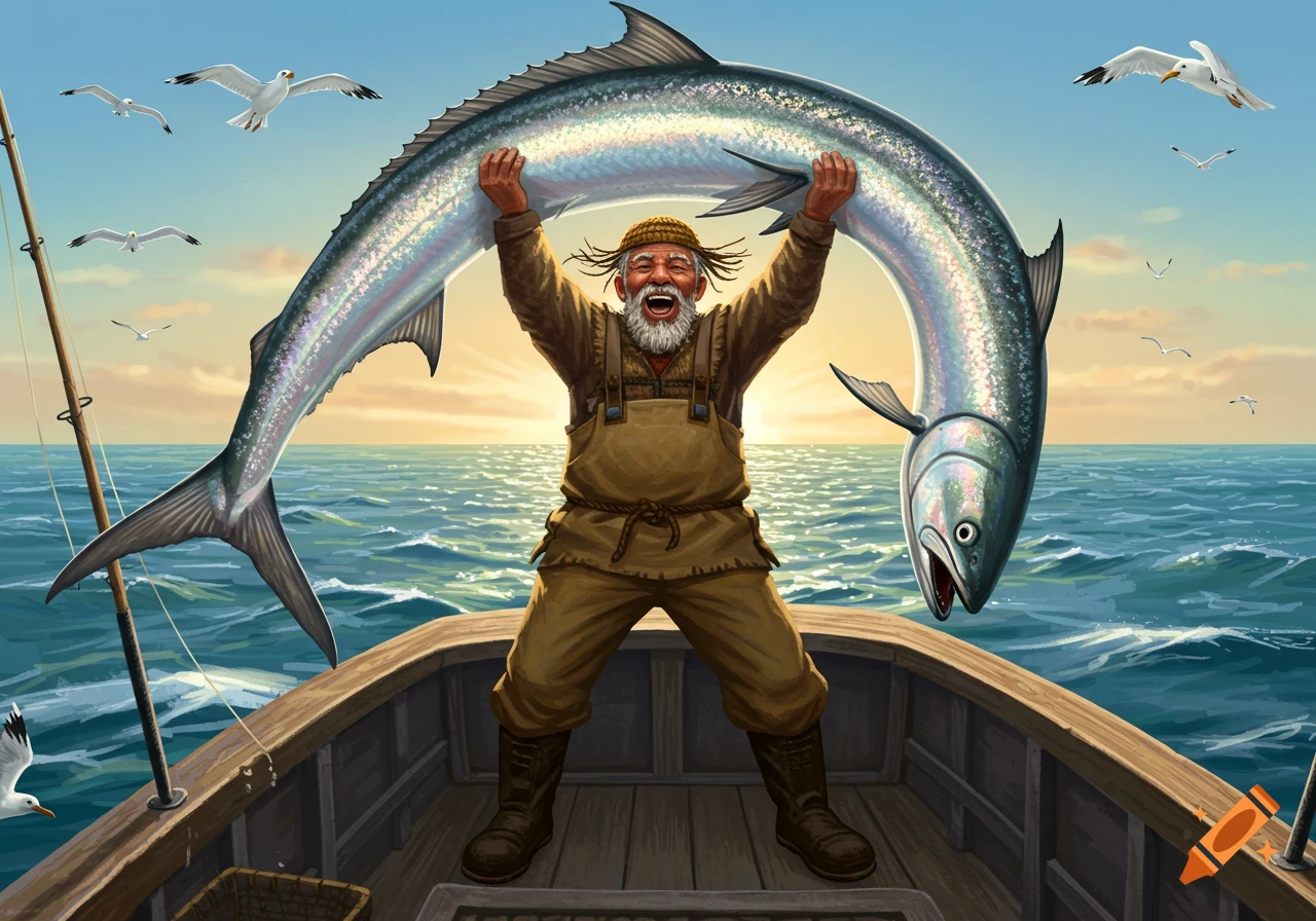 A happy old fisherman triumphantly holds a huge, curved silver fish overhead on a boat at sunset, with seagulls flying.