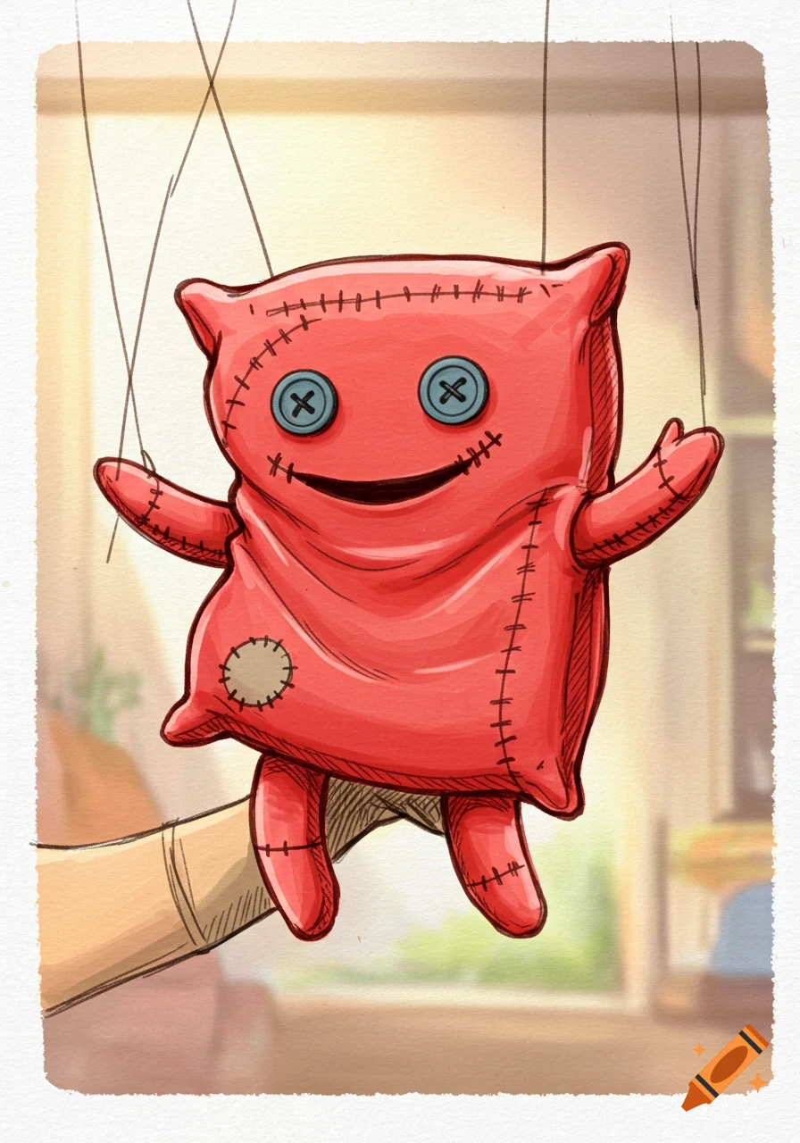 A vibrant red pillow case puppet with button eyes and stitches is held on a hand, in a playful drawing style.