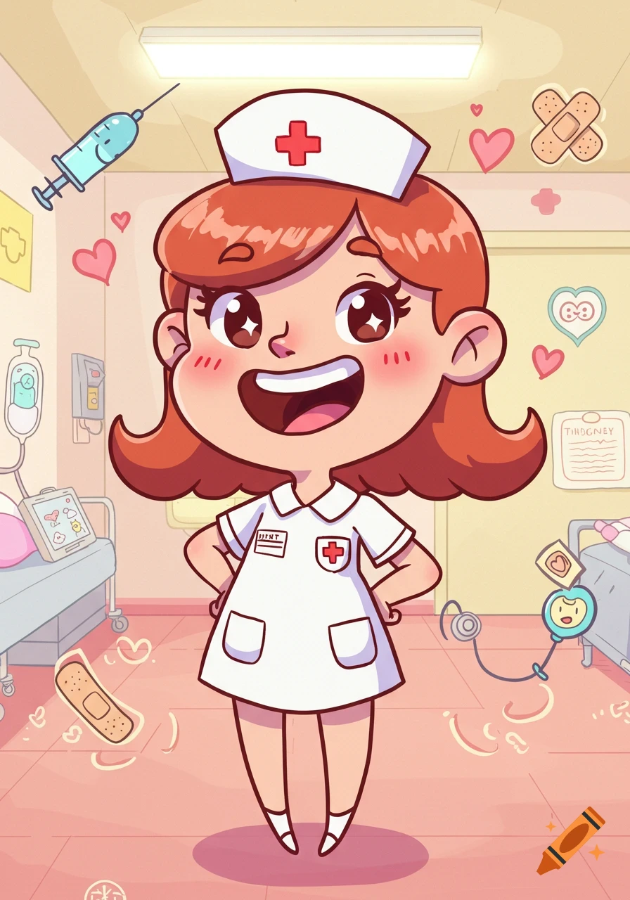 A cheerful, funny cartoon nurse stands in a bright hospital room, surrounded by medical equipment and hearts.