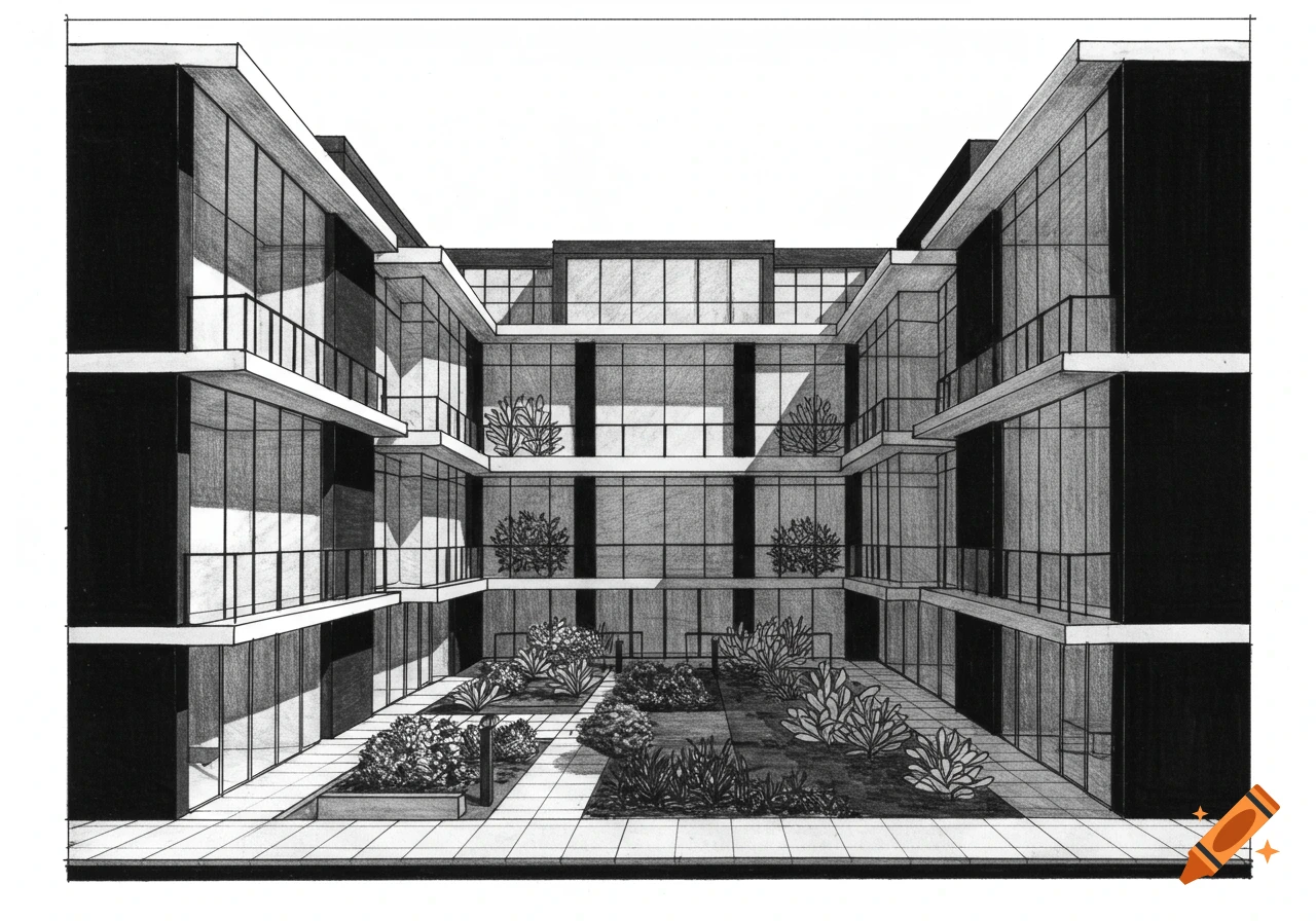 A detailed black and white architectural drawing of a three-story L-shaped building with a central courtyard garden.