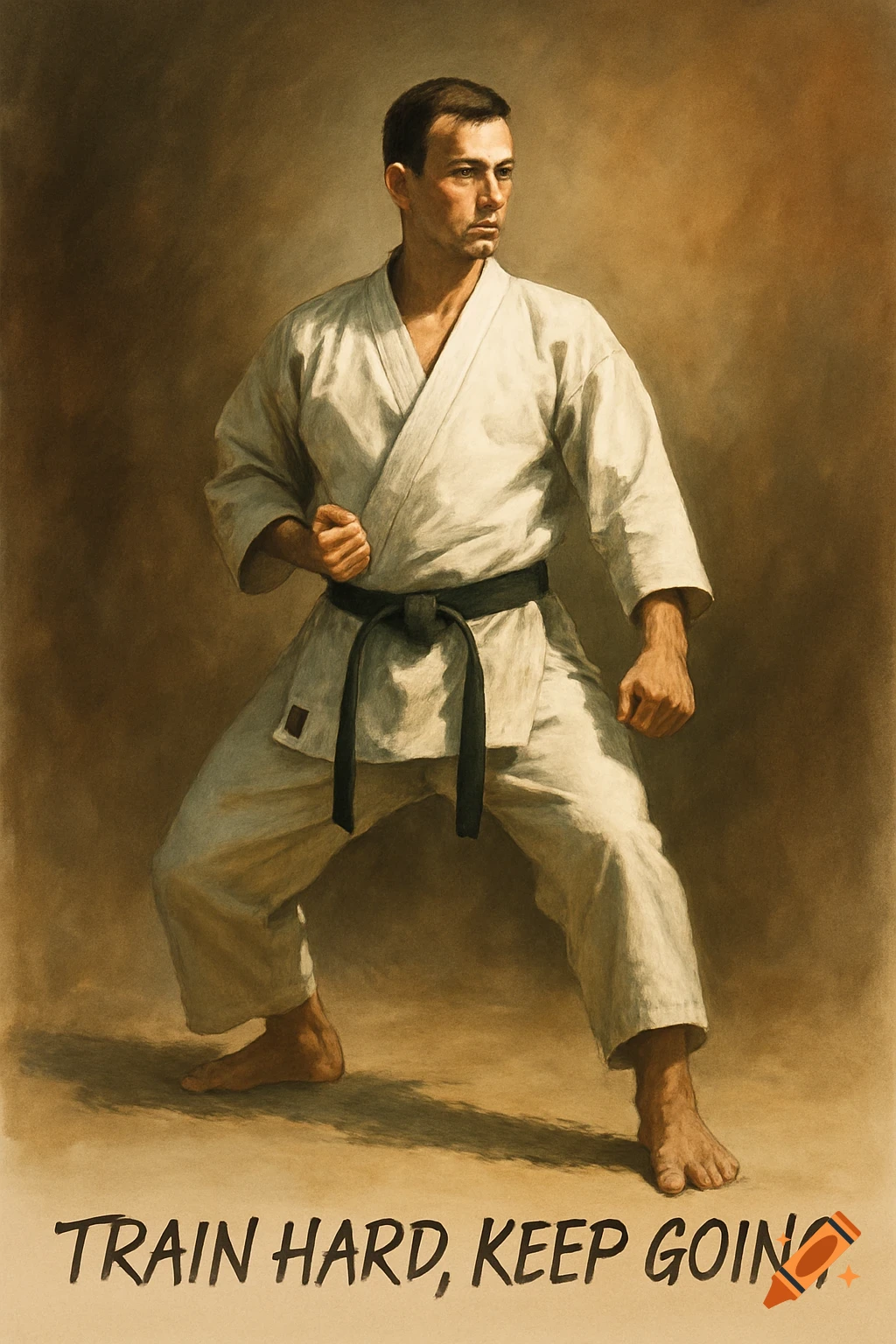 A male karate fighter in a white gi and black belt stands in a ready stance, with 'TRAIN HARD, KEEP GOING' text, painted style.