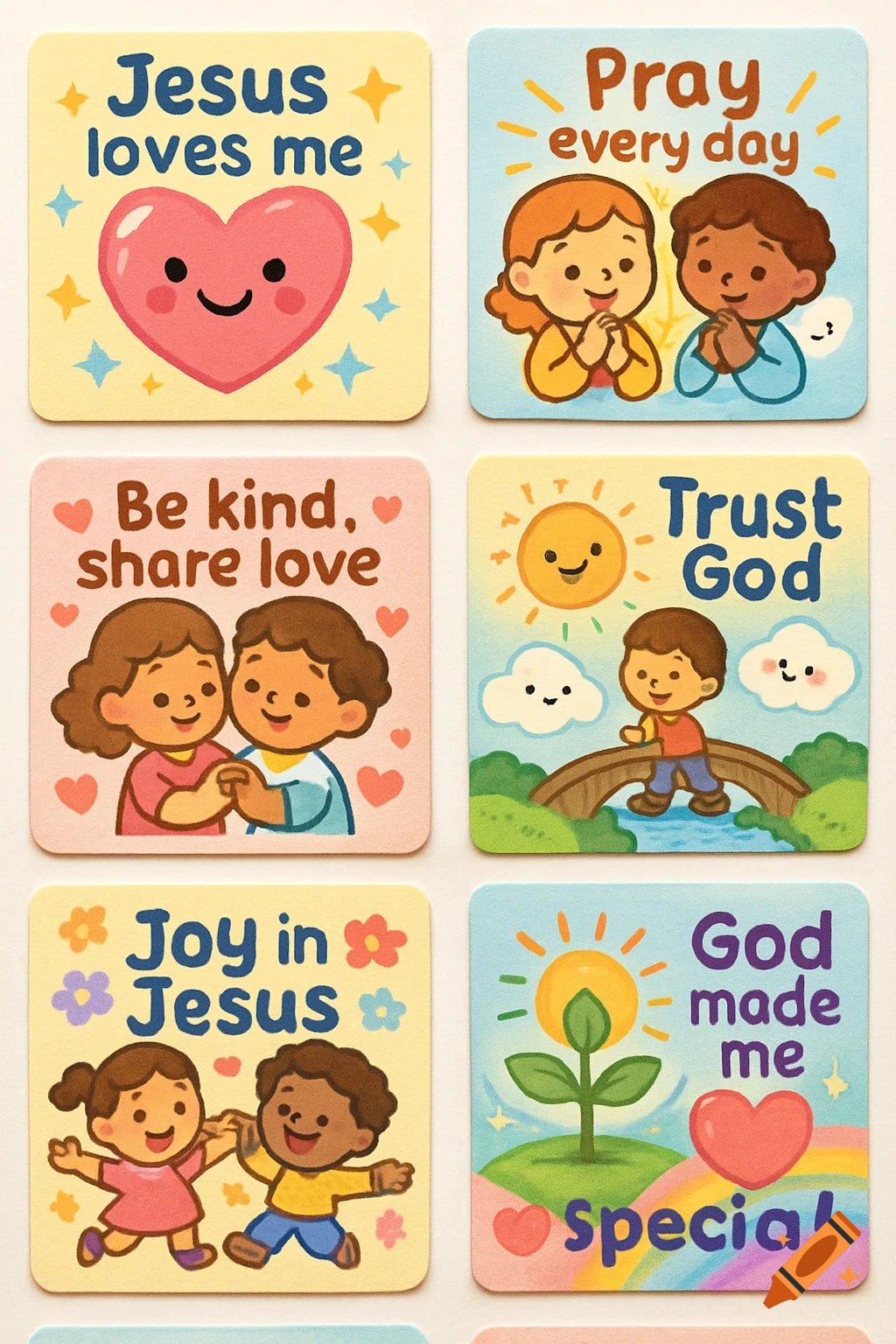 Six square fridge magnet designs for kids with cute pastel cartoon illustrations and Christian phrases.