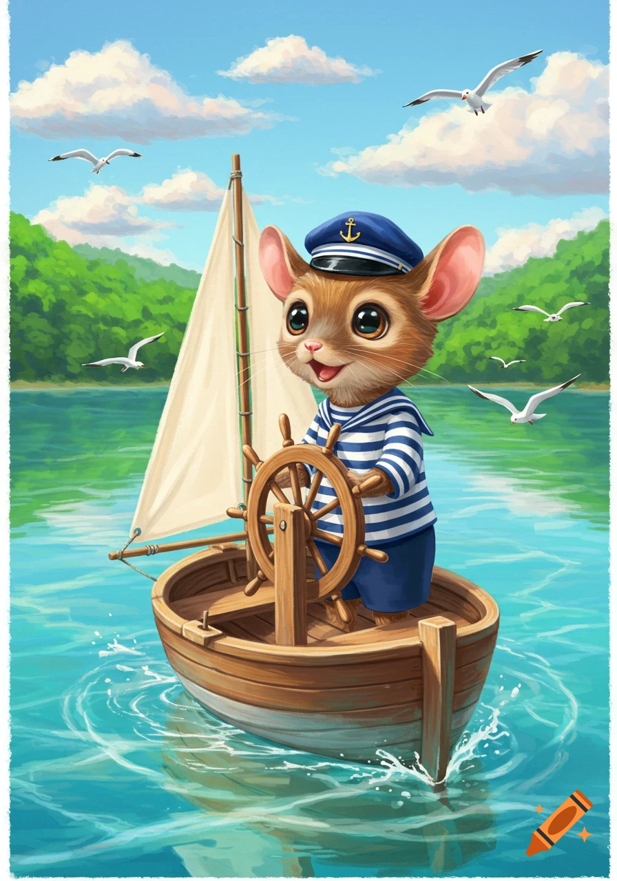 A cute mouse in a sailor outfit steers a sailboat on turquoise water, with green hills and seagulls in the background, in an illustration style.