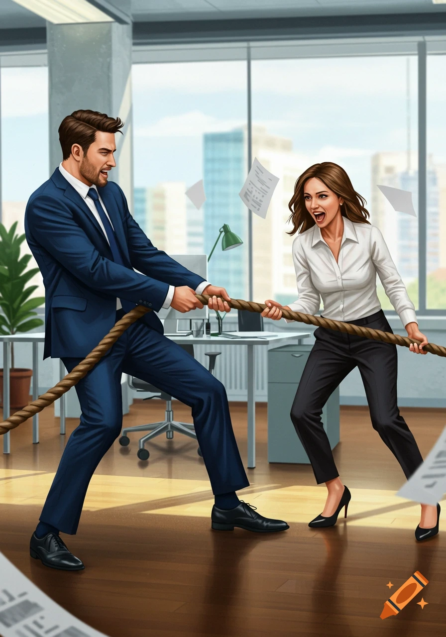 Illustration of a man and a woman in business attire playing tug-of-war in a modern office with papers flying.