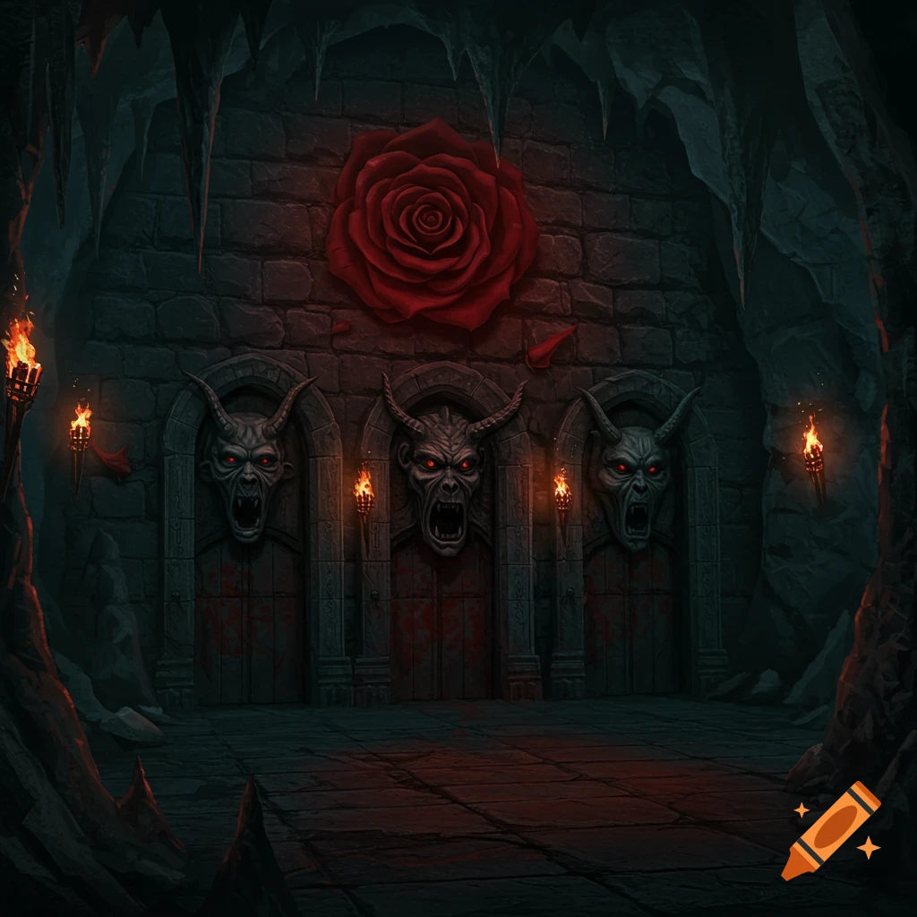 A dark, cavernous hall features three arched doorways, each with a demonic head sculpture. A large red rose is painted above them.