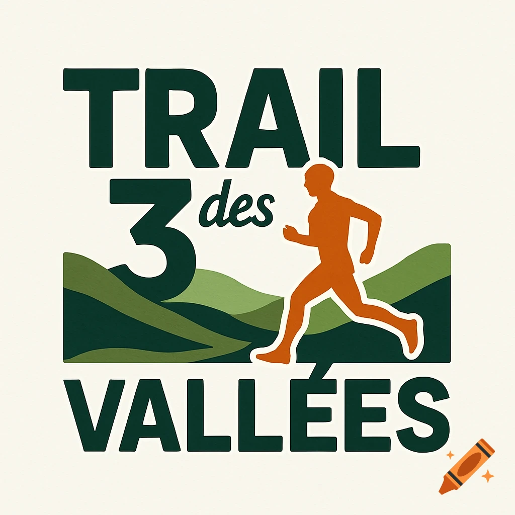 Logo for Trail des 3 Vallées race, featuring a runner silhouette over green mountains and bold text.