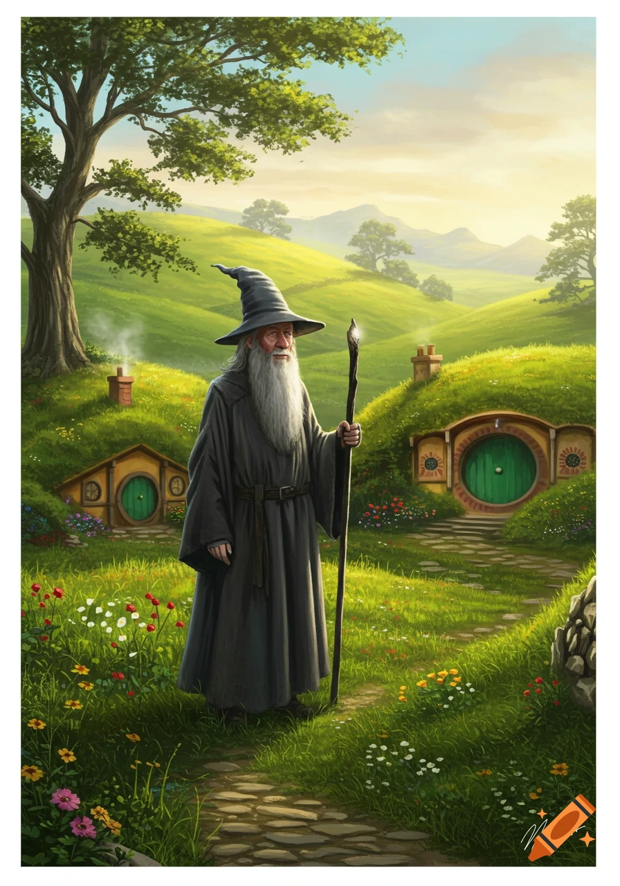 Gandalf stands on a stone path in a lush green Shire-like landscape with hobbit holes, under a bright sky, in a fantasy illustration.