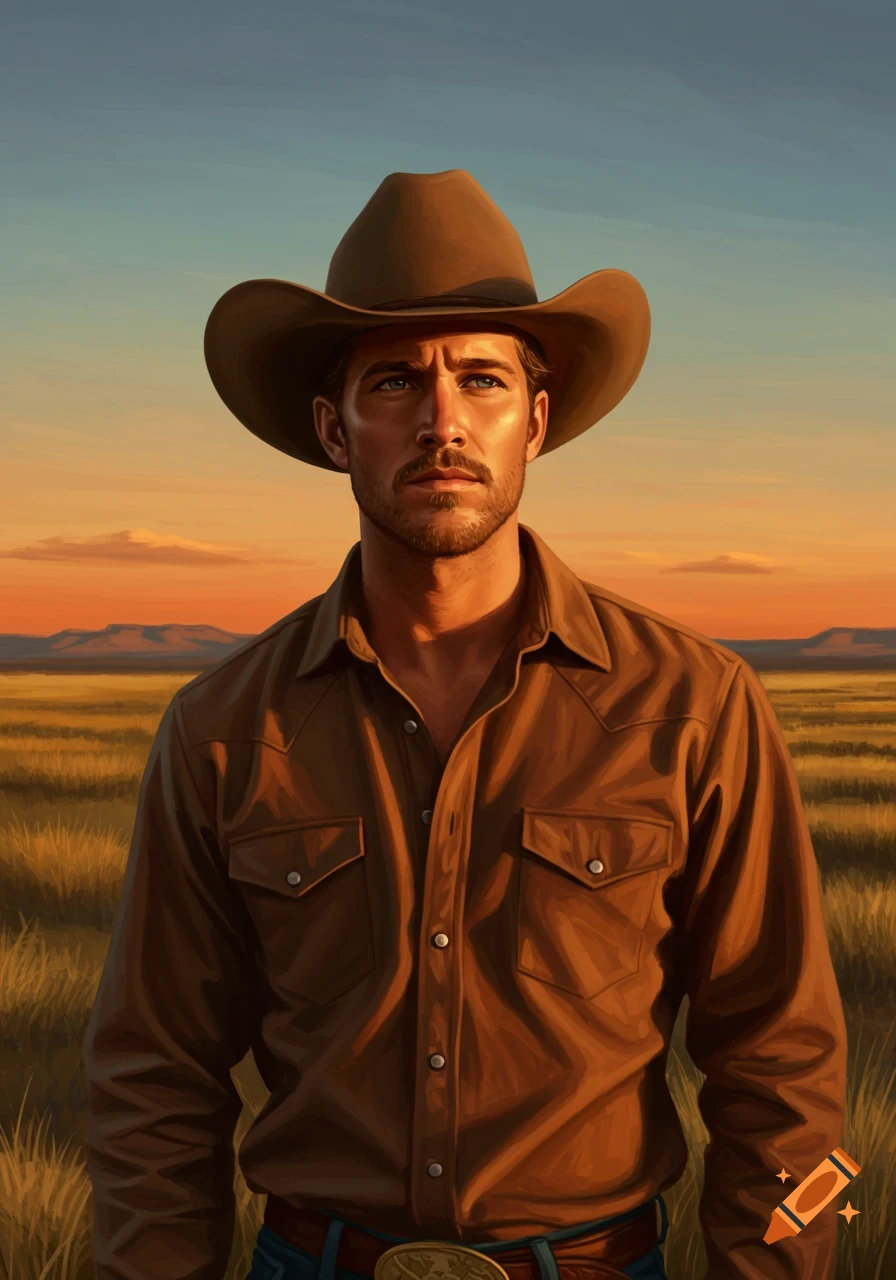 A rugged man in a cowboy hat and brown shirt stands in a vast grassy field under a vibrant sunset sky, painterly style.