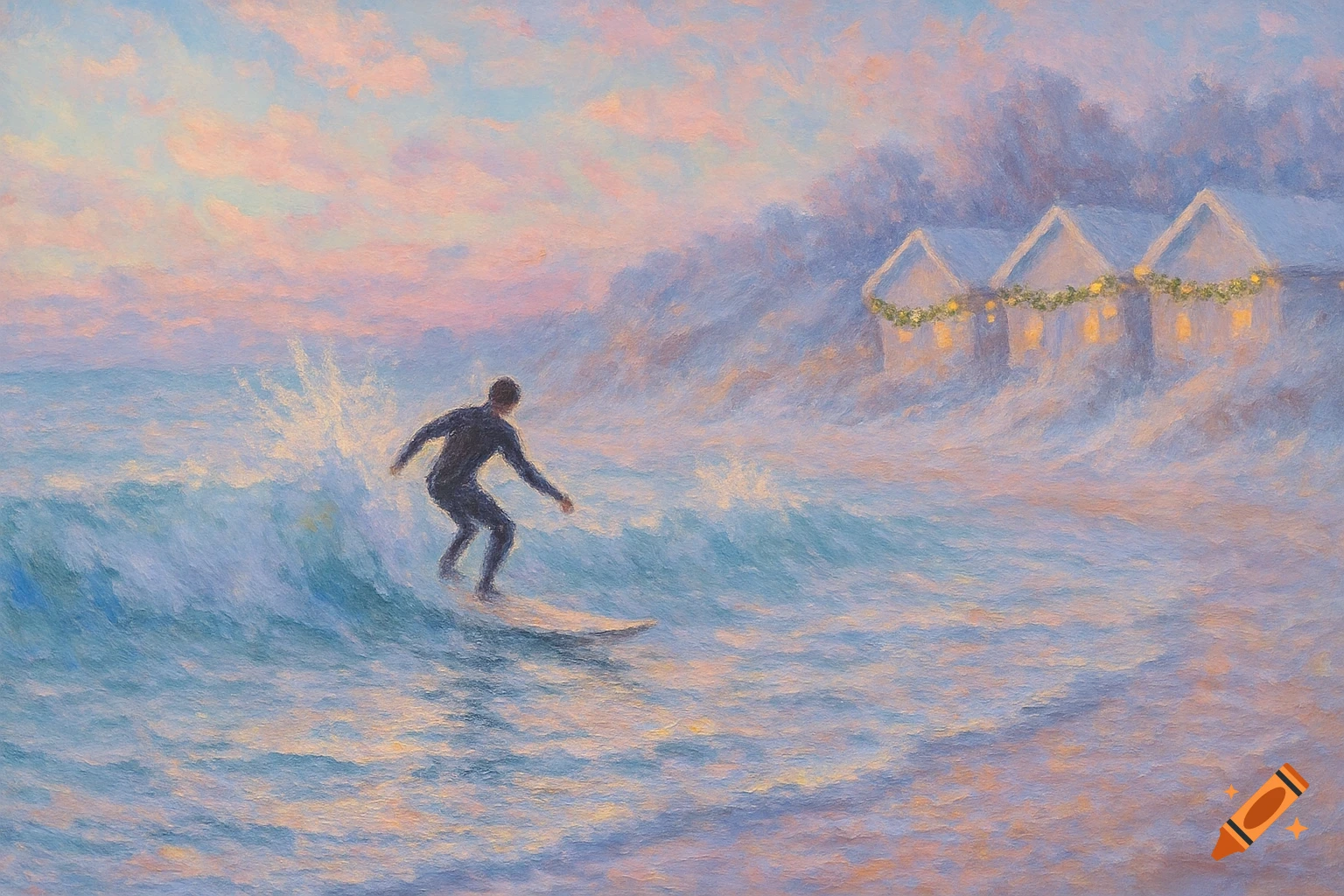 Monet-style painting of a surfer on a wave with Christmas houses in a misty pastel sunset.