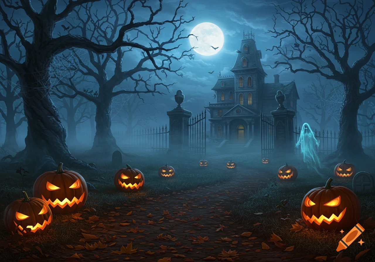 A spooky Halloween night scene with a haunted mansion, glowing jack-o'-lanterns, bare trees, a ghost, and a full moon under a misty blue sky.
