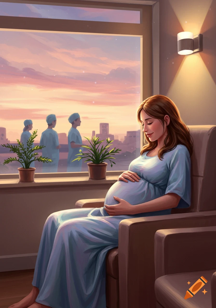 Digital art of a pregnant woman sitting in a hospital chair, looking at her belly, with a city skyline and healthcare workers visible through the window at sunset.