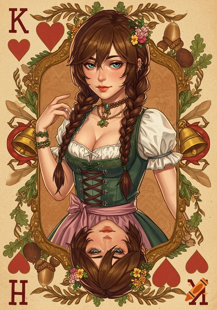 Anime-style illustration of a woman in a green Dirndl, framed like a King of Hearts playing card with acorns and bells.