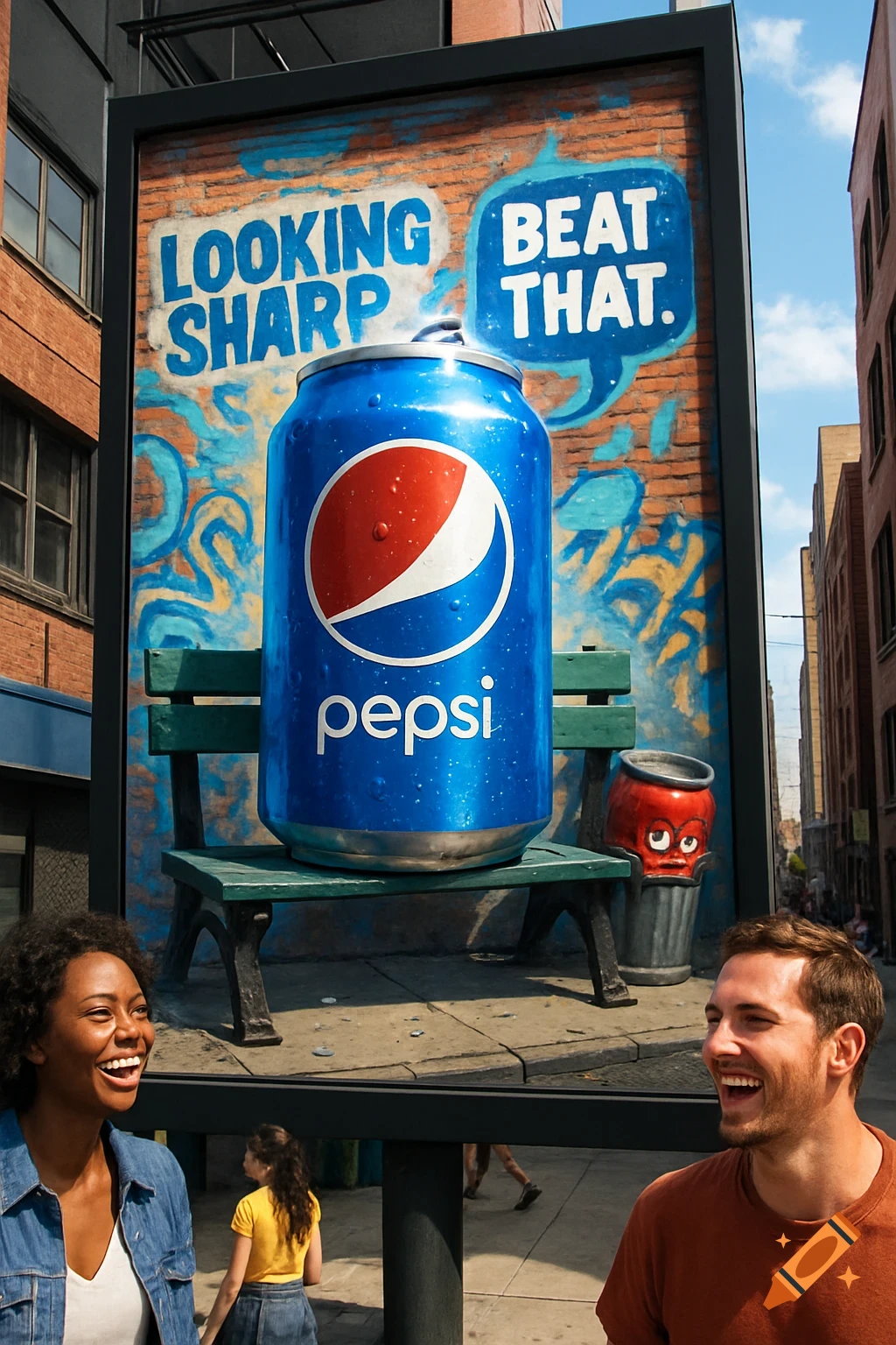A giant Pepsi can sits on a bench on a street billboard with "LOOKING SHARP BEAT THAT." in graffiti. Two people laugh in the foreground.