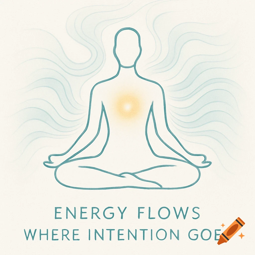 A minimalist illustration of a person meditating in lotus position with a glowing chest and radiating wavy lines, above the text 'ENERGY FLOWS WHERE INTENTION GOES'.